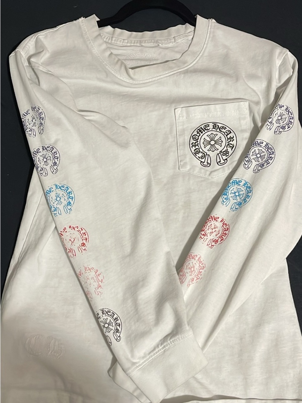 Chrome Hearts White Long Sleeve Pocket T-Shirt with Multicolor Sleeve Stamps